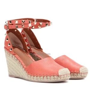 Valentino Rockstud double orange leather espadrille wedge sandal size IT 36 US 6